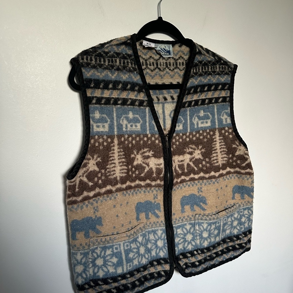 Vintage Vest Wool Neutral Evidence Pattern Brown and Blue Warm and Cozy Vest - Picture 3 of 13